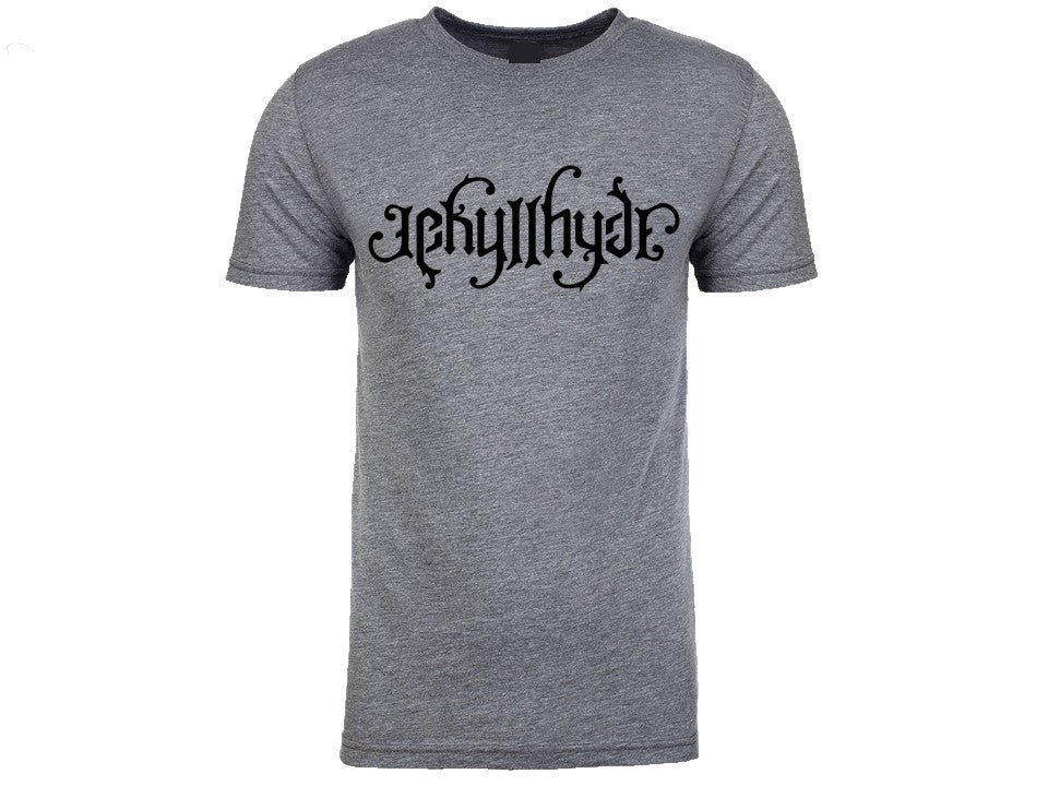 Grey tshirt with Jekyllhyde logo on the front on a white background. 