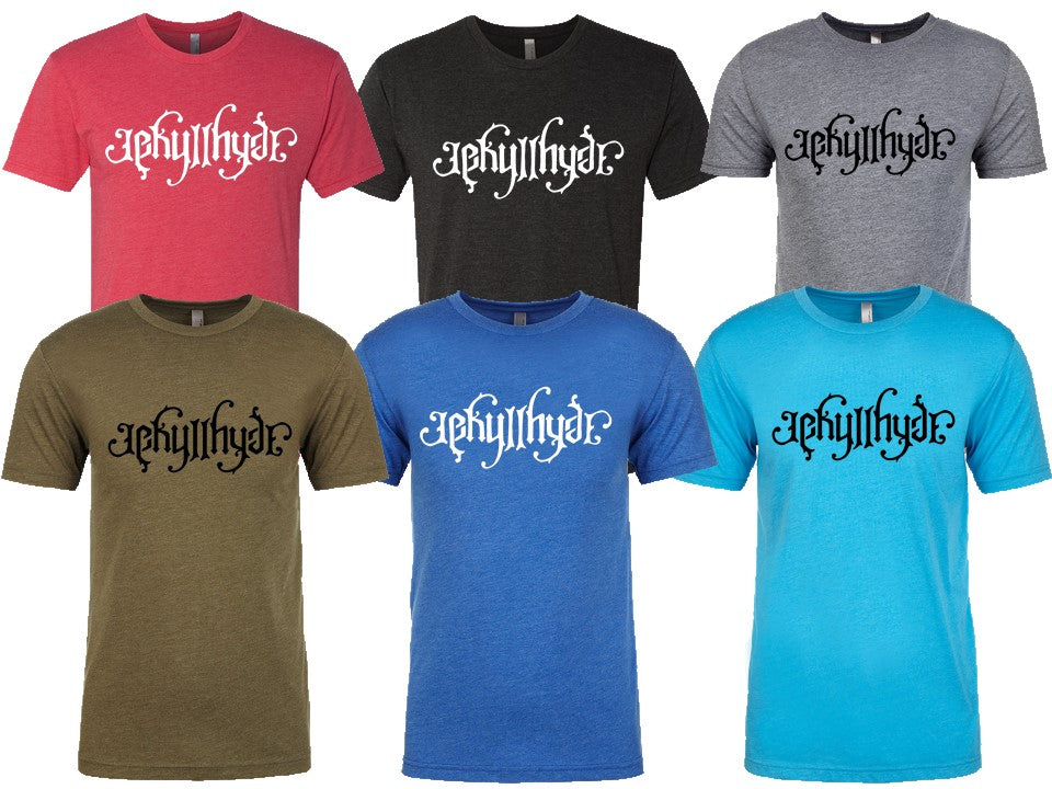Six t-shirts in different colors with a brand logo on a white background