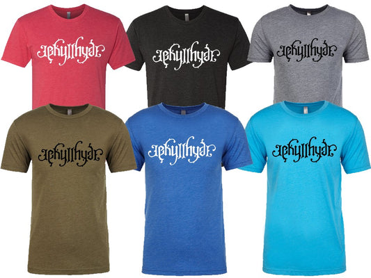 Six t-shirts in different colors with a brand logo on a white background