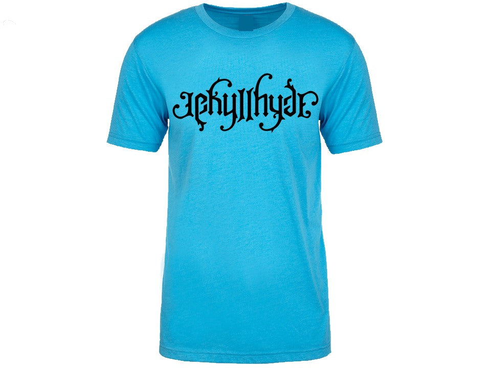Turquoise tshirt with Jekyllhyde logo on the front on a white background.