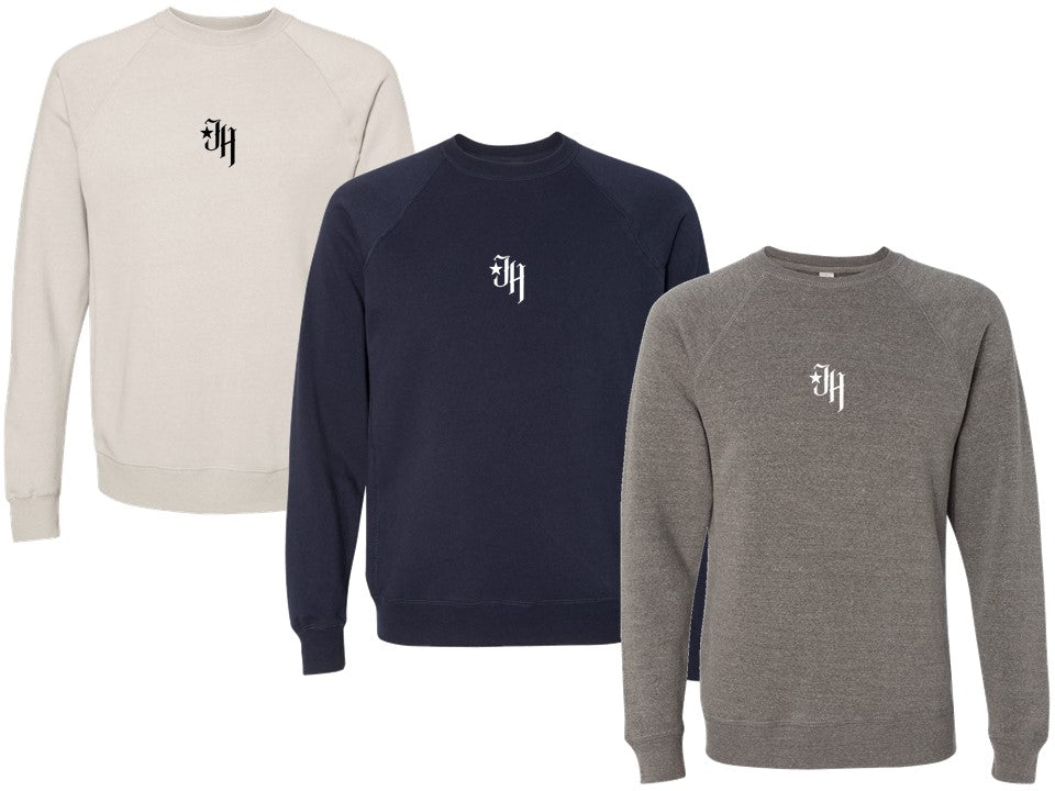 Three sweatshirts in beige, navy, and gray with a logo on the chest against a white background.