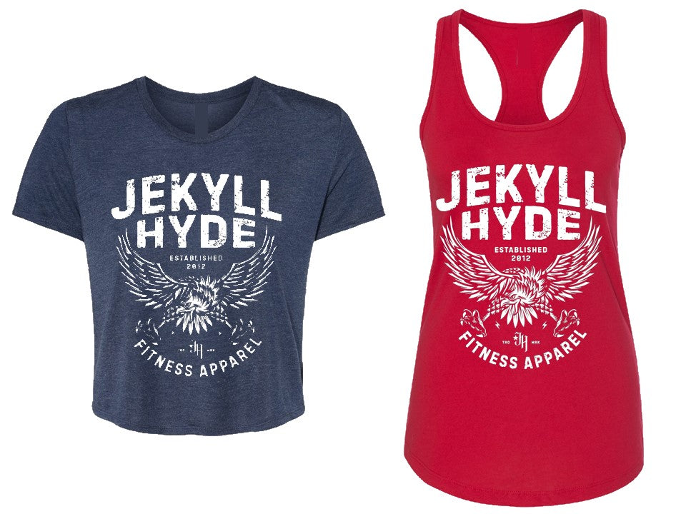 Navy t-shirt and red tank top with 'Jekyll Hyde Fitness Apparel' design on a white background