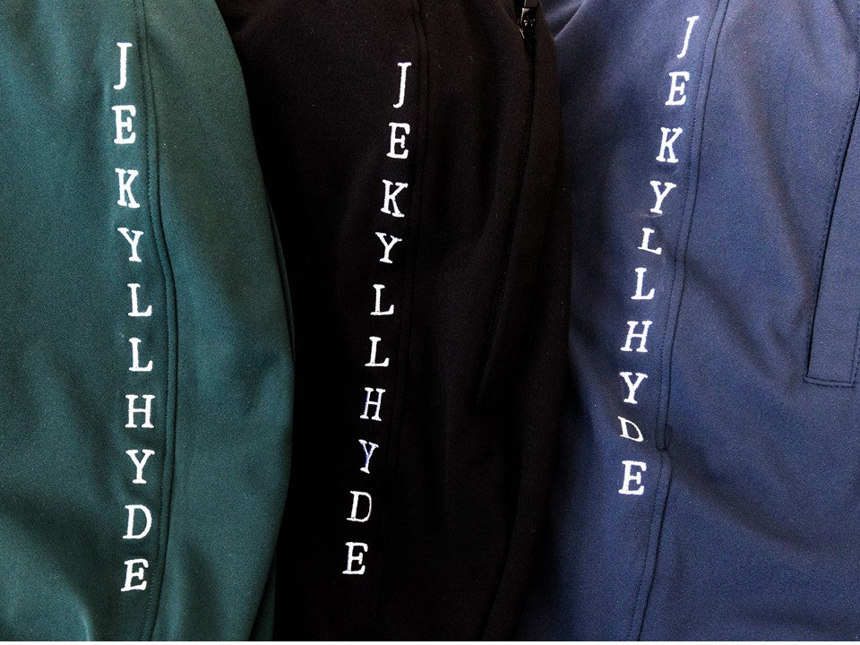 Embroidered Jekyllhyde logo on pant leg of joggers. 