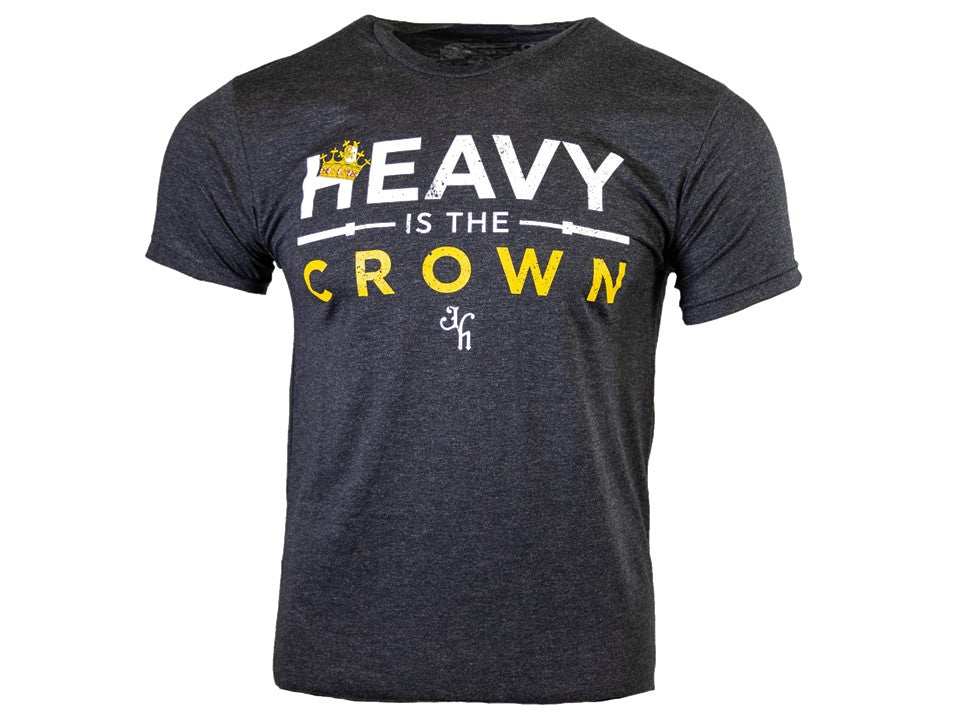 Black t-shirt with 'Heavy is the Crown' text and logo on a white background