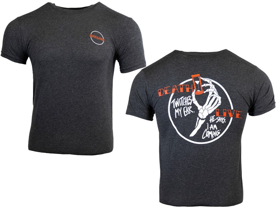 Black t-shirt with graphic design on front and back on a white background