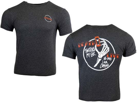Black t-shirt with graphic design on front and back on a white background