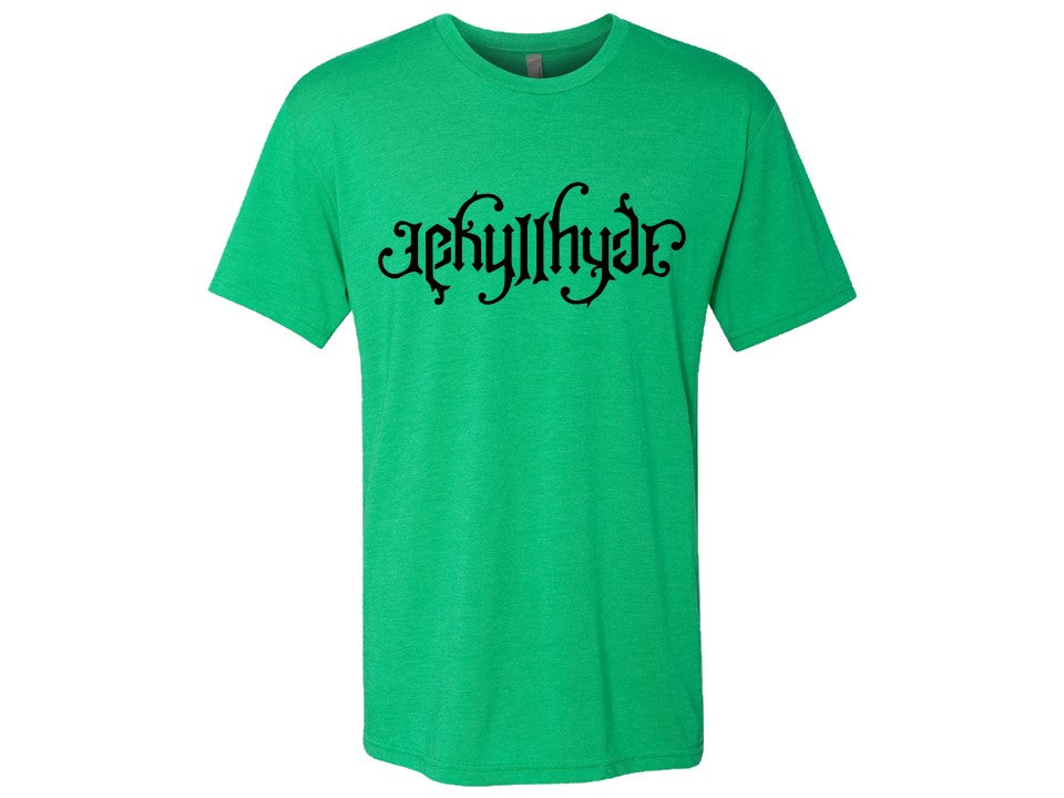 Green tshirt with Jekyllhyde font logo against a white background. 
