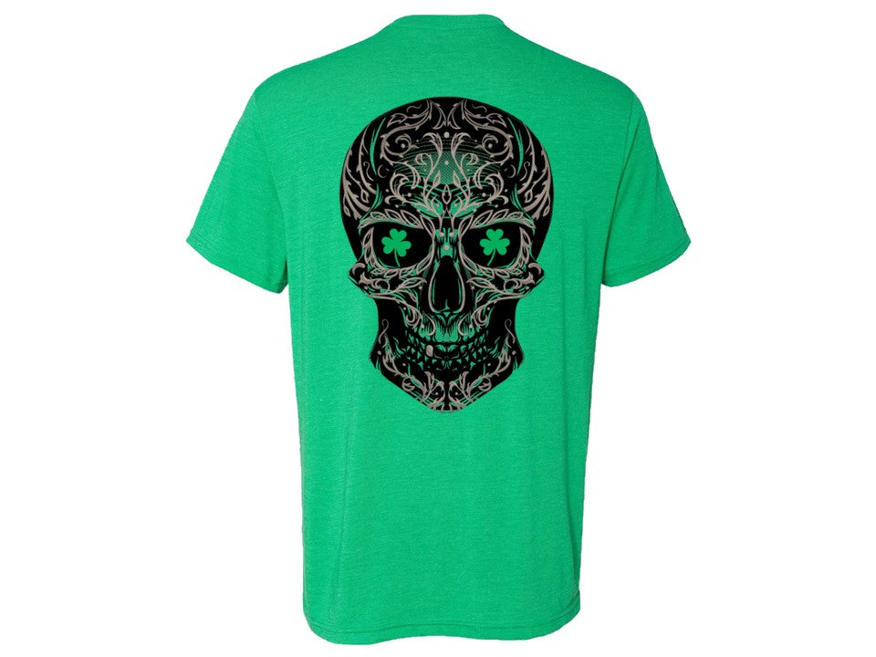 Green t-shirt with a skull design on the back against a white background