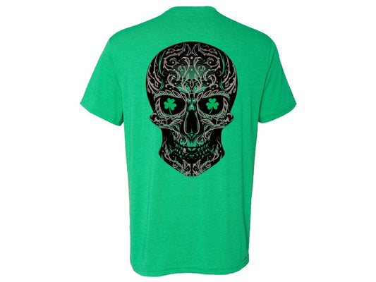 Green t-shirt with a skull design on the back against a white background