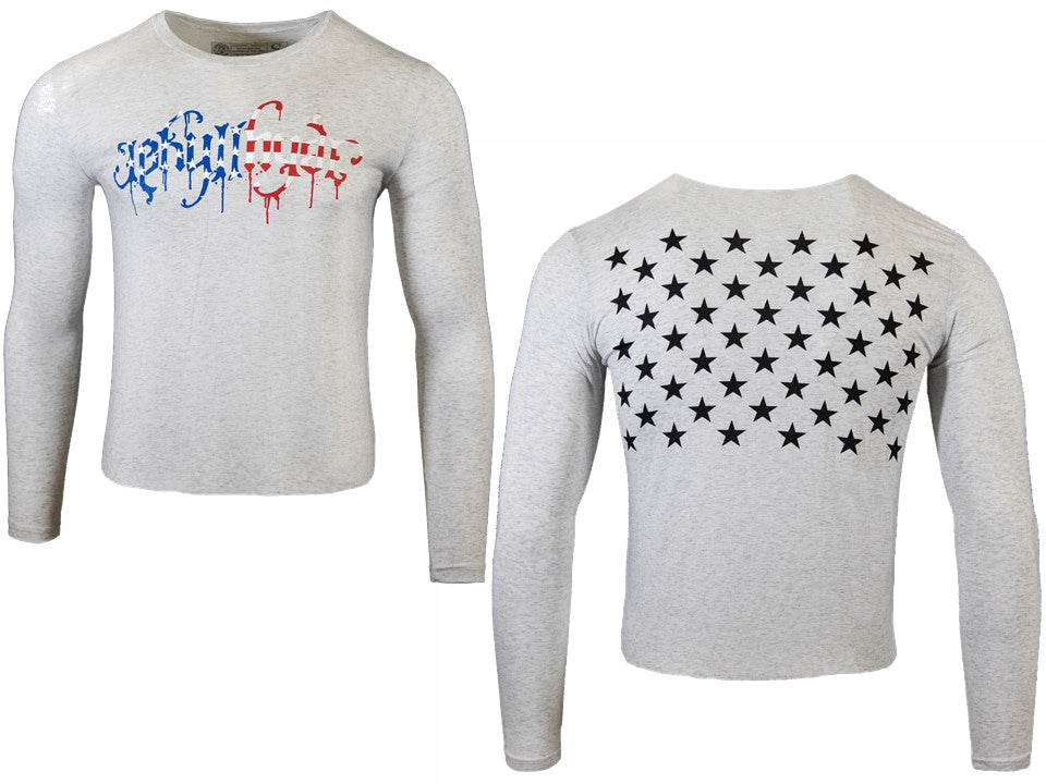 Gray long-sleeve shirt with colorful design on front and star pattern on back, on a white background.