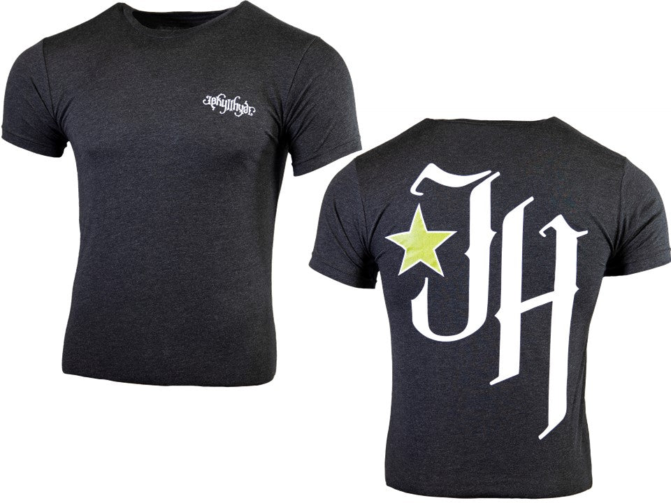 Black t-shirt with 'JH' logo on front and star detail on back