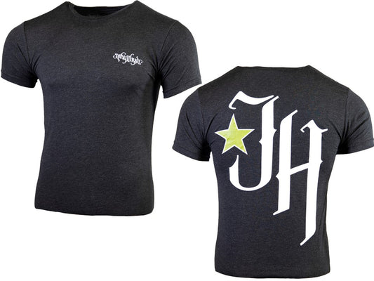 Black t-shirt with 'JH' logo on front and star detail on back