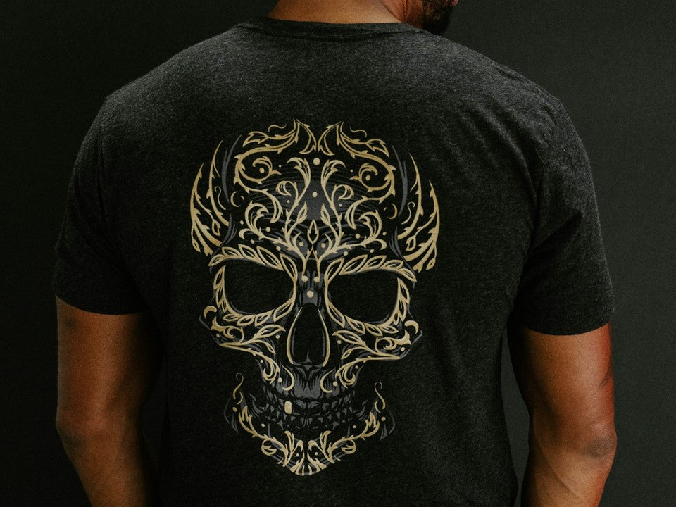 Sugar skull on the back of a black tshirt. 