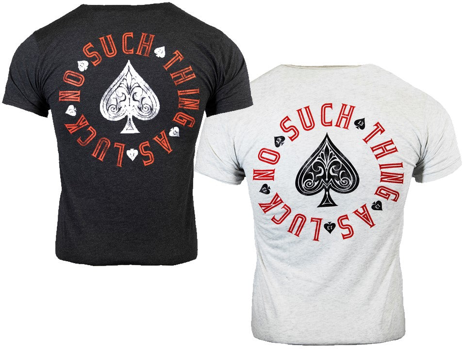Black and white t-shirts with a spade symbol and text on the back.