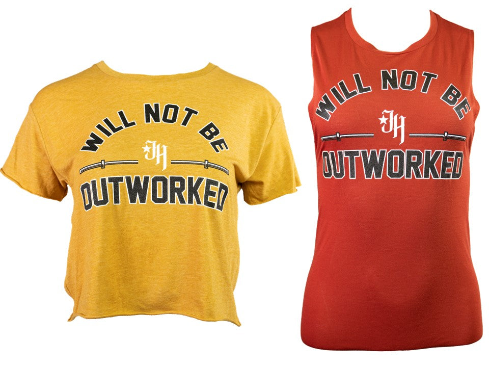 Yellow t-shirt and red tank top with motivational text on a white background