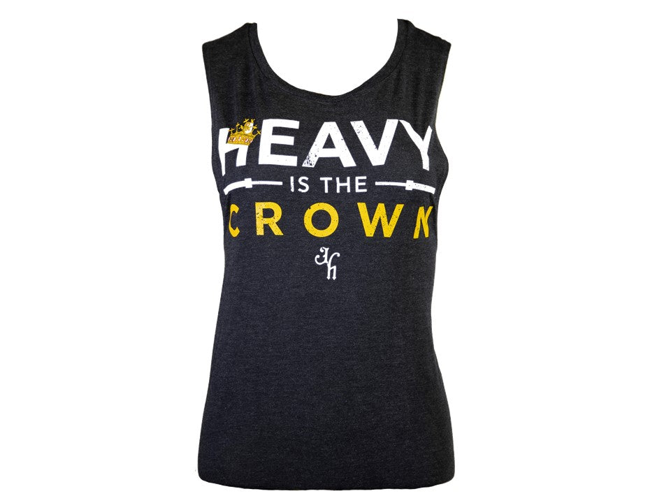 Black tank top with 'HEAVY IS THE CROWN' text on a white background