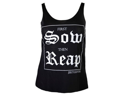 Black tank top with white text on a white background