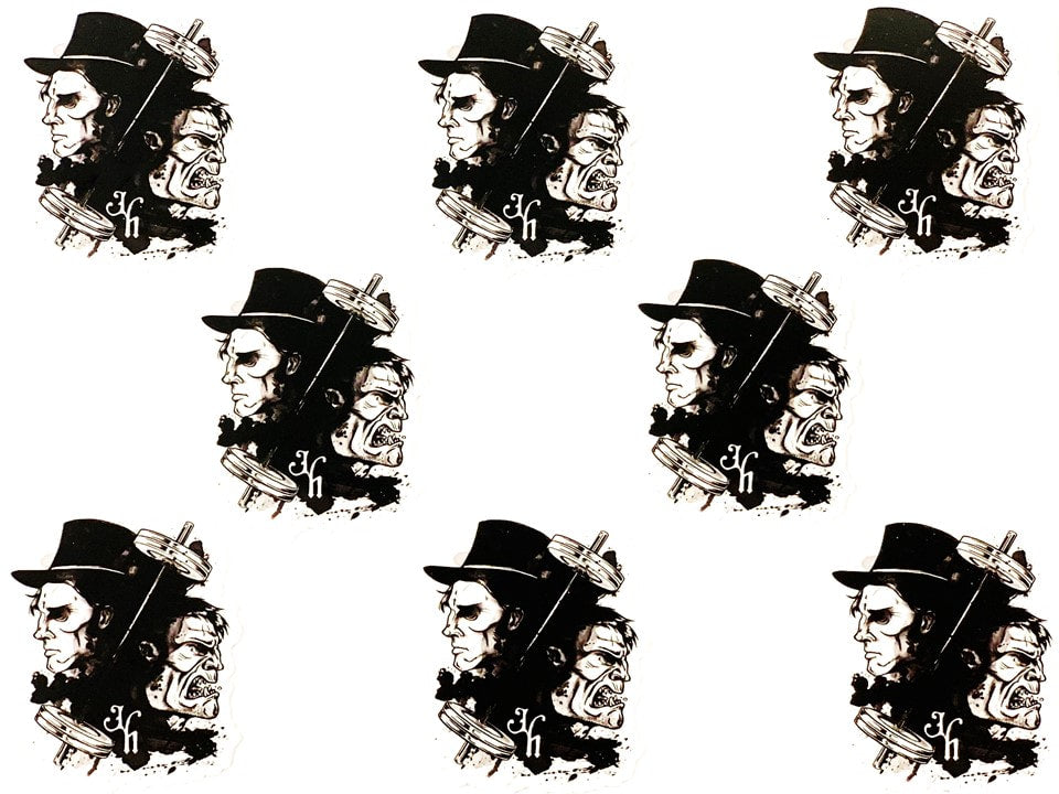 Repetition of a black and white illustration of a figure with a barbell on a white background