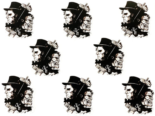Repetition of a black and white illustration of a figure with a barbell on a white background