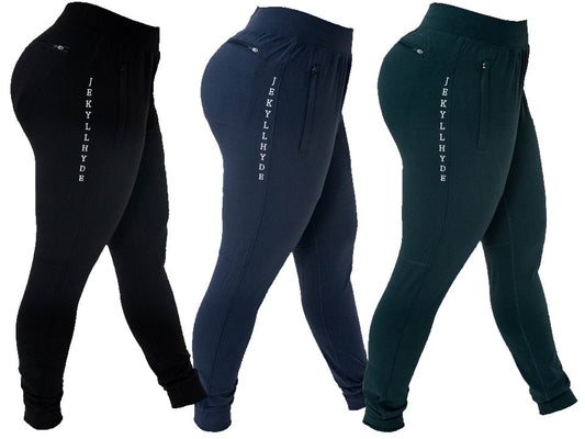 Three pairs of black, navy, and green jogger pants with 'Iekyllyhde' branding.