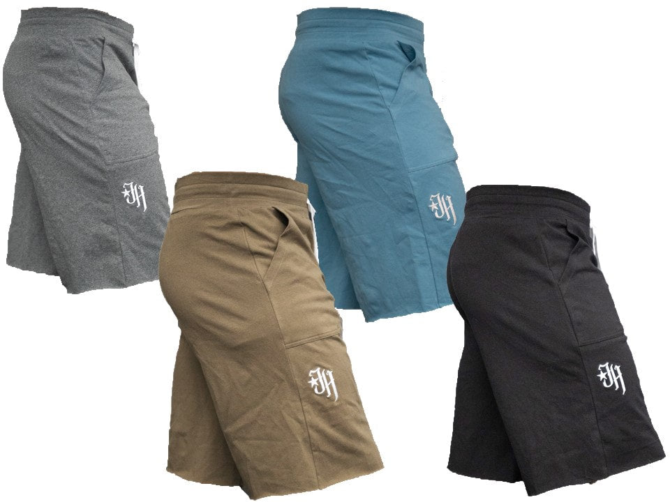Four pairs of shorts in gray, blue, brown, and black with a logo on a white background.