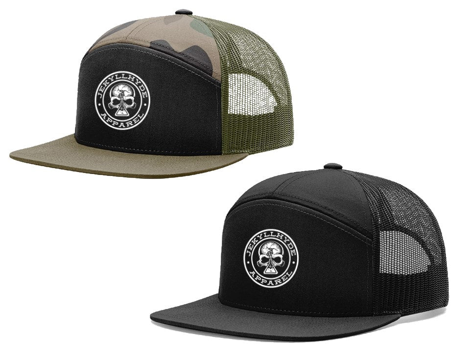 Two trucker hats with a skull logo on a white background