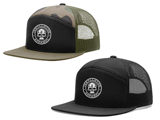 Two trucker hats with a skull logo on a white background