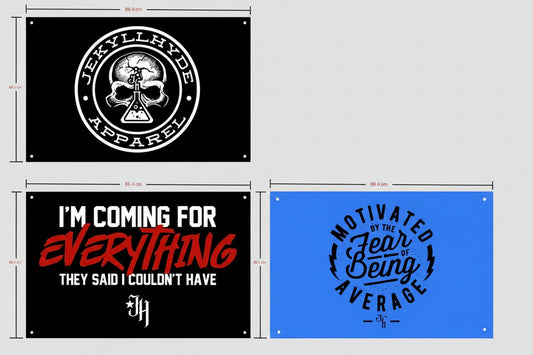 Three motivational banners with different designs and text on a white background.