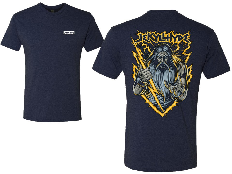 Navy blue t-shirt with a graphic design on the back featuring a character holding a lightning bolt.