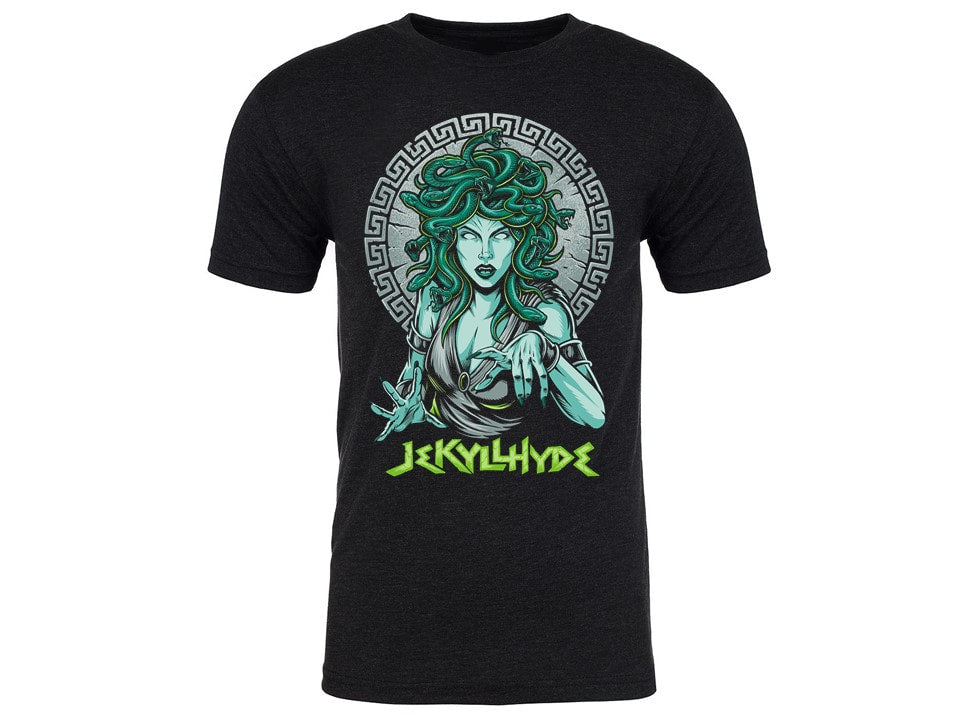 Black t-shirt with Medusa graphic and 'Jekyll & Hyde' text on a white background
