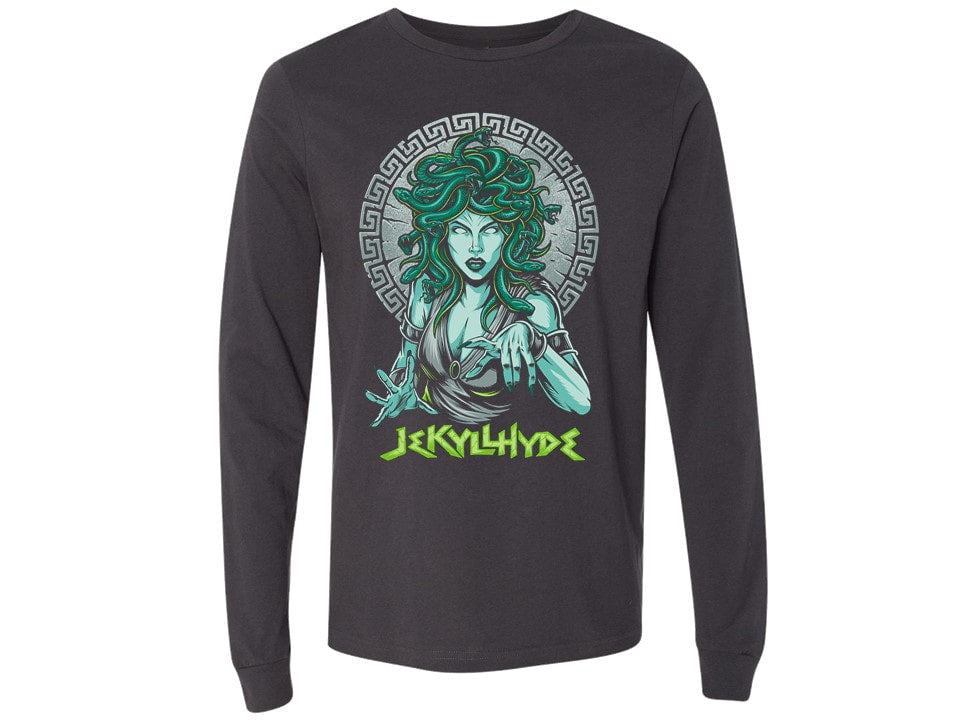 Black long-sleeve shirt with Medusa graphic and 'JekyllHyde' text on a white background