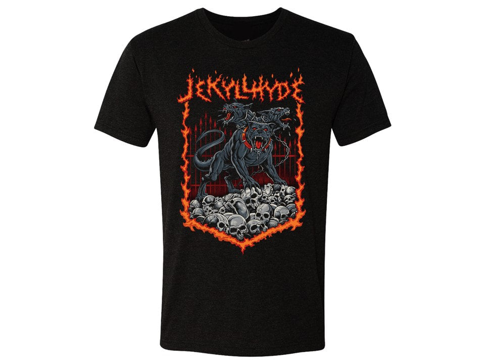 Black t-shirt with a graphic design featuring skulls and text on a white background
