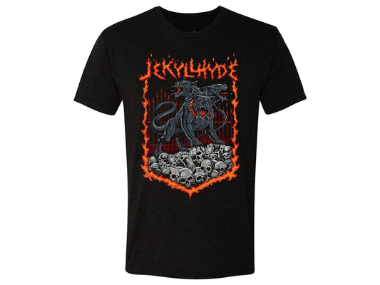 Black t-shirt with a graphic design featuring skulls and text on a white background