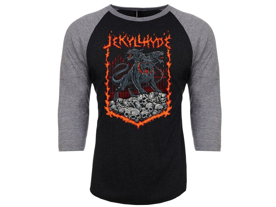 Black and gray baseball shirt with a graphic design on a white background