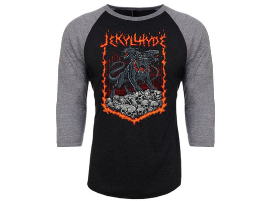 Black and gray baseball shirt with a graphic design on a white background