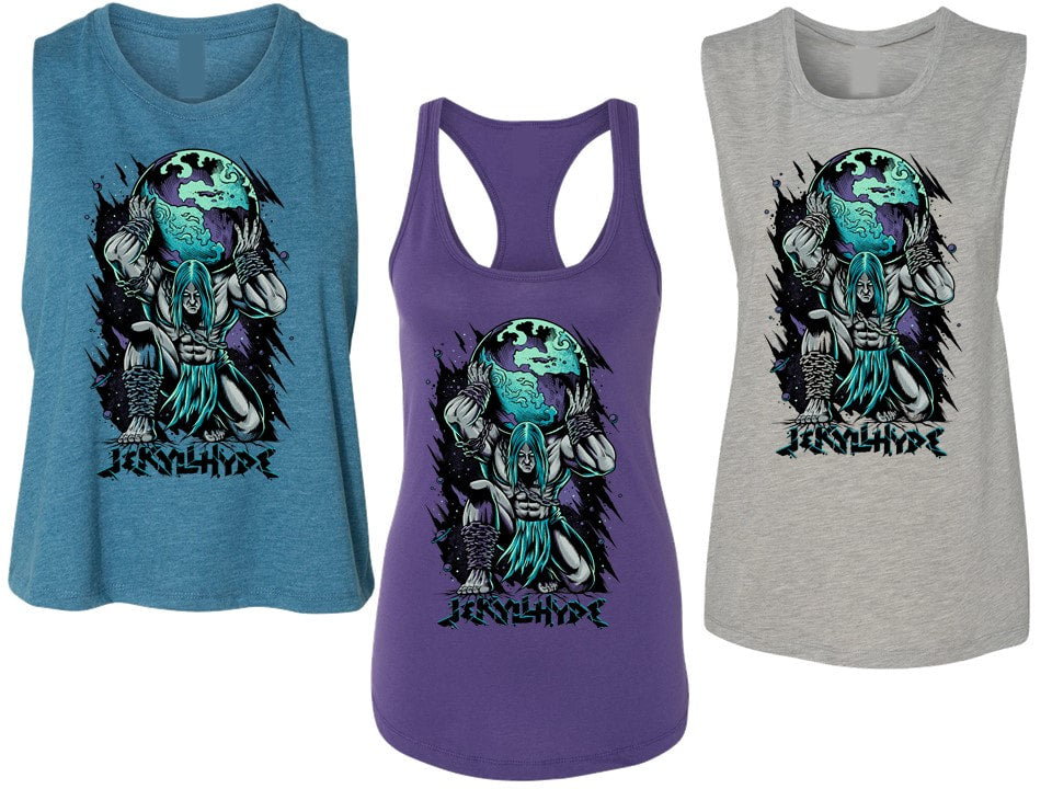 Three tank tops in blue, purple, and gray with a graphic design on a white background.