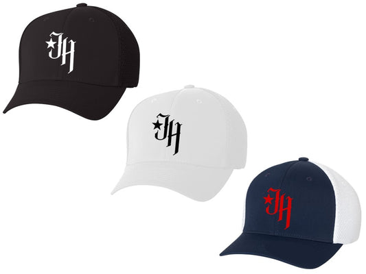 Three baseball caps with different color combinations and logos on a white background