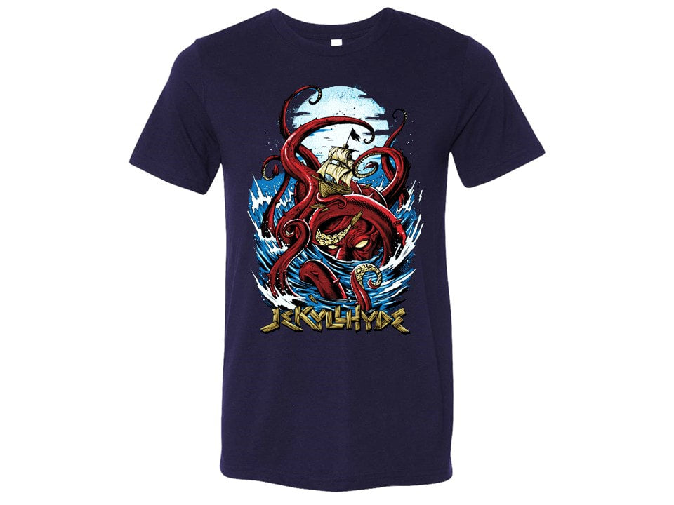 Navy blue t-shirt with a red and gold graphic design on a white background