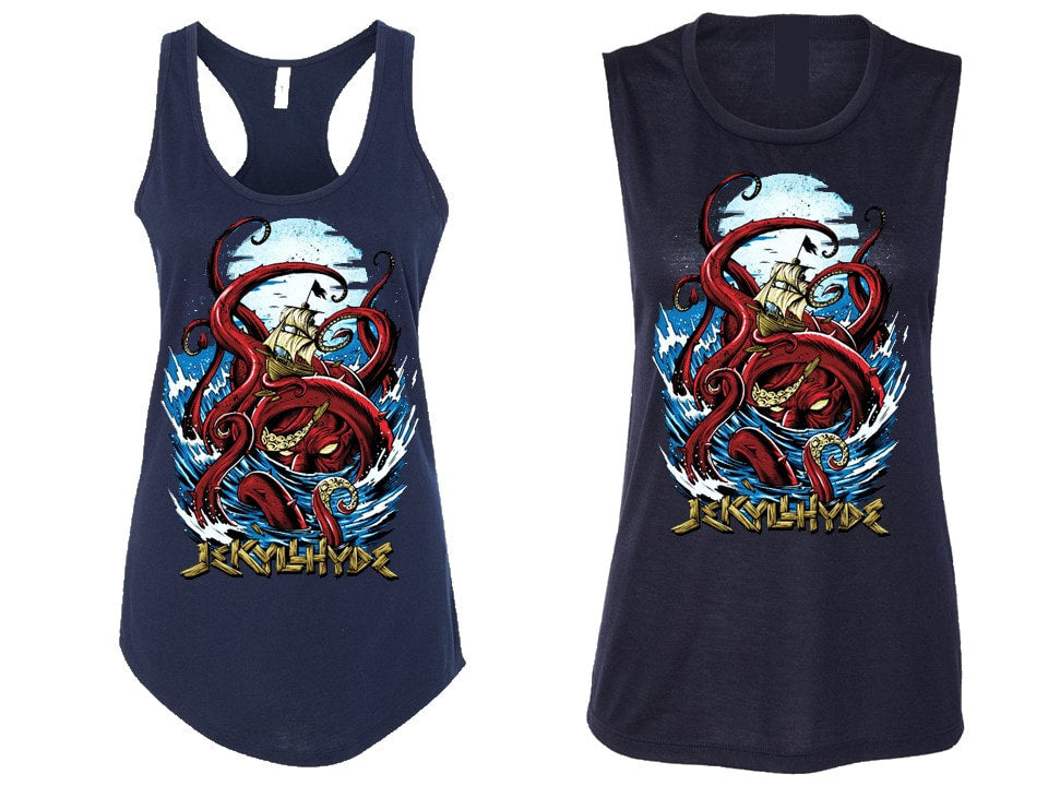 Two navy blue tank tops with a red octopus design and 'Ickily Hyde' text on a white background.