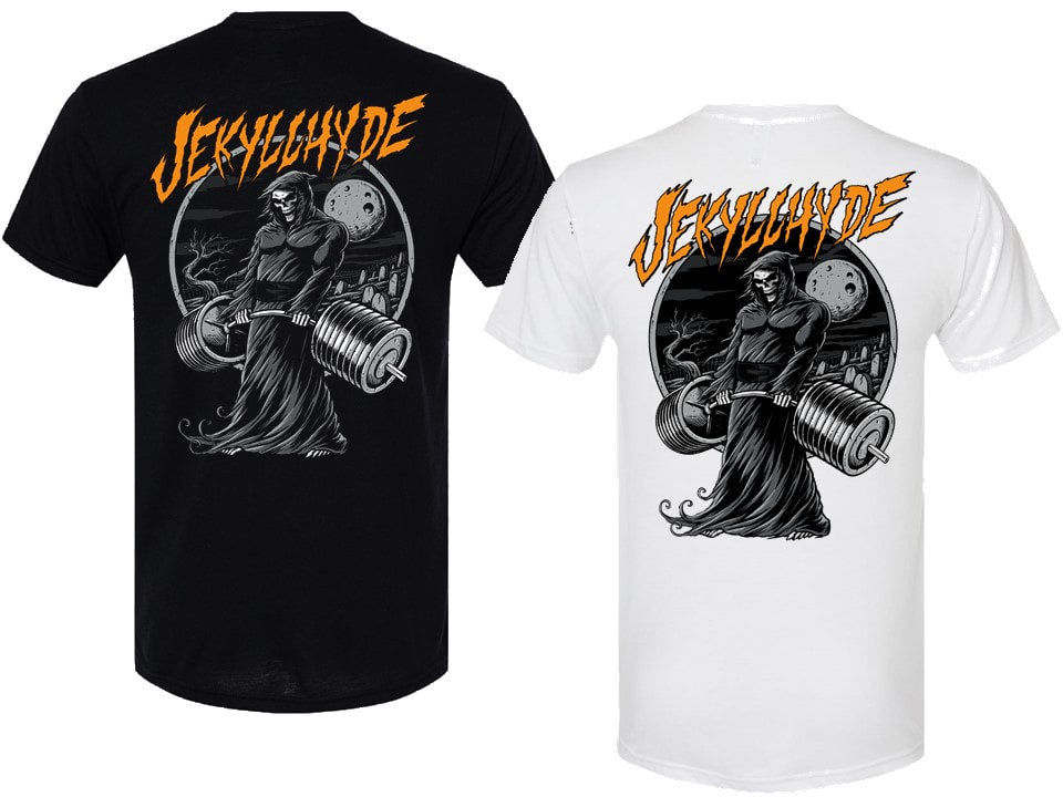 Black and white t-shirts with a graphic design of a skeleton lifting weights and the word 'JekyllHyde'.