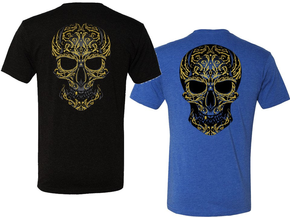 Black and blue t-shirts with ornate skull design on a white background