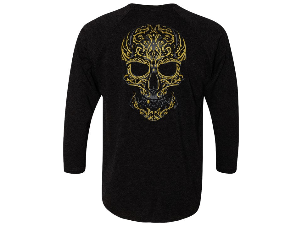 Black long-sleeve shirt with gold skull design on a white background