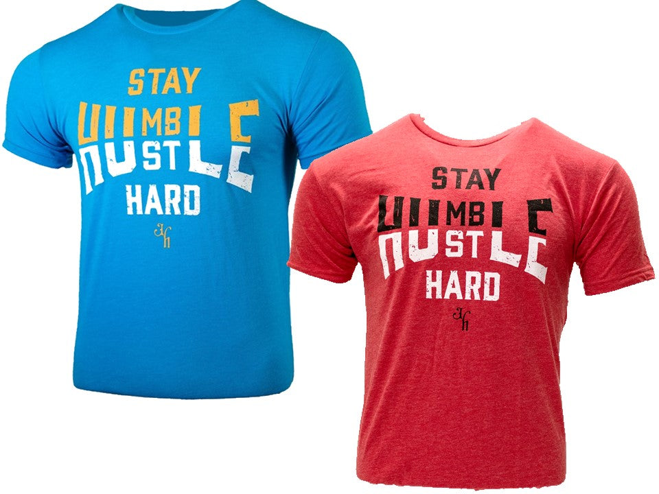 Two t-shirts, one blue and one red, with motivational text on a white background.