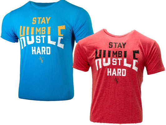 Two t-shirts, one blue and one red, with motivational text on a white background.