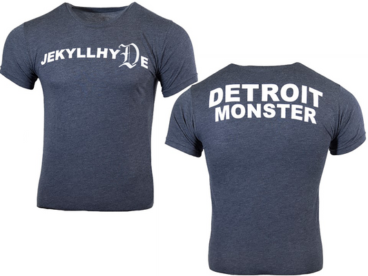 Blue t-shirt with 'JEKYLLHYDE' on the front and 'DETROIT MONSTER' on the back.