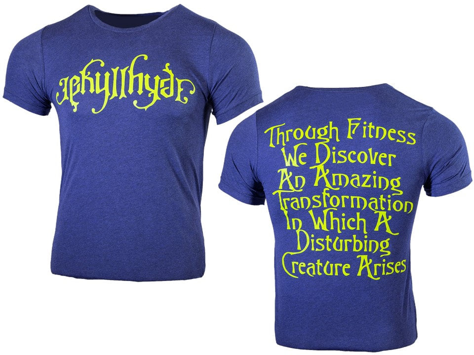 Blue t-shirt with yellow text on a white background