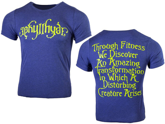 Blue t-shirt with yellow text on a white background