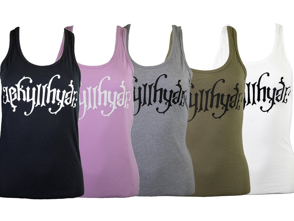 Five tank tops in black, pink, gray, green, and white with a brand logo on a white background.