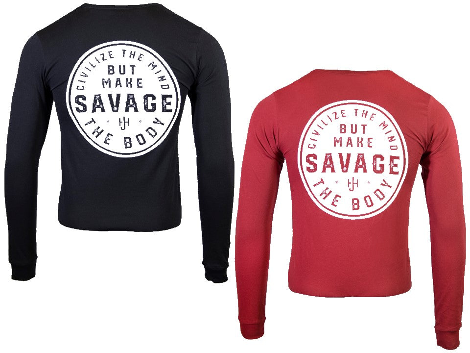 Black and red long-sleeve shirts with motivational text on the back, displayed side by side.