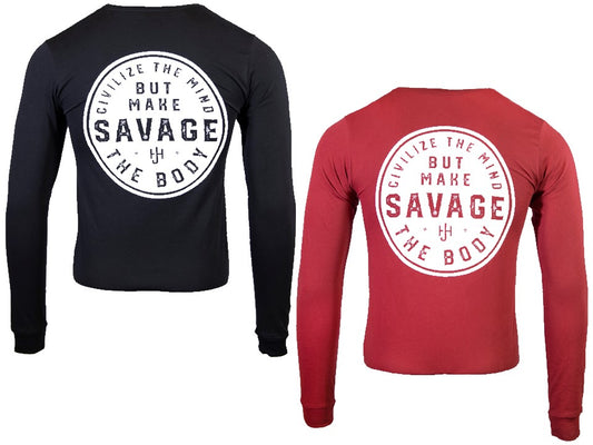 Black and red long-sleeve shirts with motivational text on the back, displayed side by side.